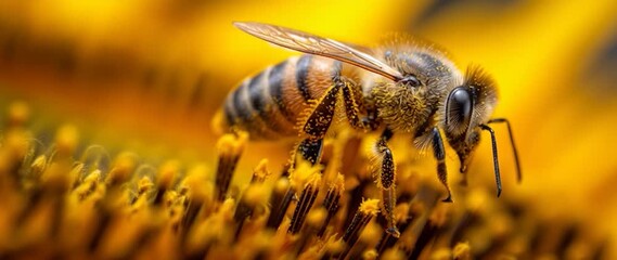 Anamorphic video close-up of bee on a blossom of a sunflower - Powered by Adobe