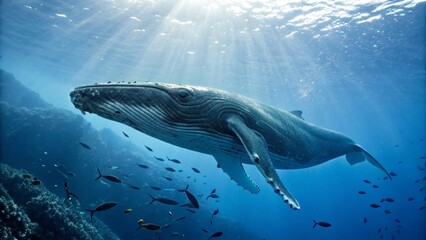 Fototapeta premium Majestic Humpback Whale Swimming Elegantly in Clear Blue Ocean