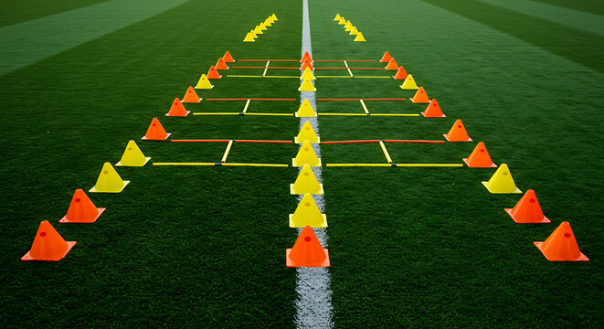 Soccer training drill setup with cones and agility ladders on a vibrant green field.