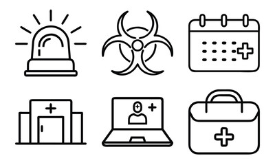 Essential Medical Line Icons Set – Emergency Alert, Biohazard, Medical Appointment, Hospital, Telehealth Consultation, and First Aid Bag Symbols for Healthcare Design Projects