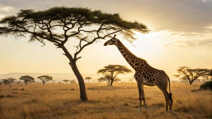 Giraffe Standing Under Tree at Sunset in African Savanna Landscape