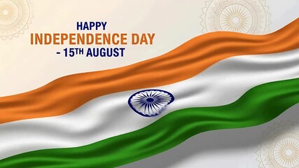 Waving Indian tricolor flag with Ashoka Chakra, celebrating a Happy Independence Day on the 15th of August with greeting text