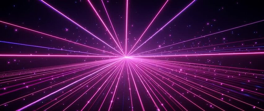 Anamorphic video neon purple pink laser rays motion technology background. Futuristic motion background of glowing data stream