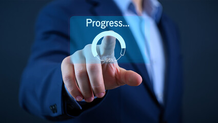 Businessman touches screen displaying progress bar and loading icon
