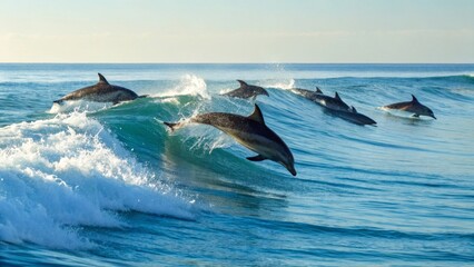 Fototapeta premium Dolphins Jumping Over Waves in Clear Blue Ocean Waters