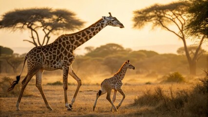 Majestic Giraffes Walking in Golden Savanna at Sunset