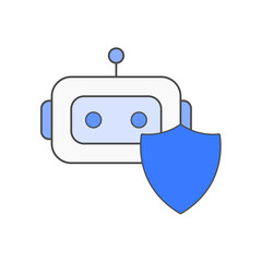 AI safety assistant icon with robot face and shield, symbolizing intelligent security bots, surveillance automation, and digital risk mitigation in smart cities.