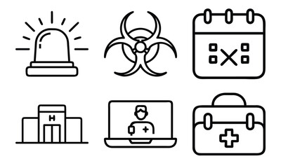 Essential Medical Line Icons Set – Emergency Alert, Biohazard, Medical Appointment, Hospital, Telehealth Consultation, and First Aid Bag Symbols for Healthcare Design Projects