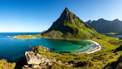 Scenic vista of Lofoten Islands, showcasing dramatic mountains and crystal-clear waters