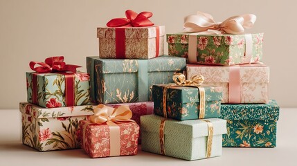 Obraz premium カラフルな包装紙とリボンのギフトボックス