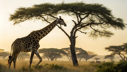 Majestic Giraffe Walking in Golden Savanna During Sunset Light