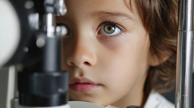 Soft focus shot of child undergoing eye exam for lens opacity due to sugar metabolism defect.