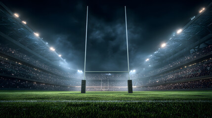 Bright Rugby Stadium Lights Illuminate Nighttime Match with Large Enthusiastic Crowd, Green Grass Field, and Rugby Goal Posts in a Photorealistic Wide-Angle View of Sports Event Atmosphere