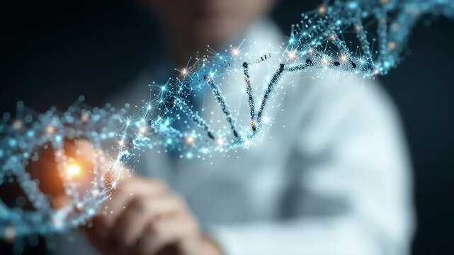 Hand Interacting with Glowing DNA Strand in Futuristic Concept Design with ai generated