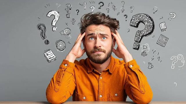 Stress and Confusion Concept with Man and Question Marks in Background with ai generated
