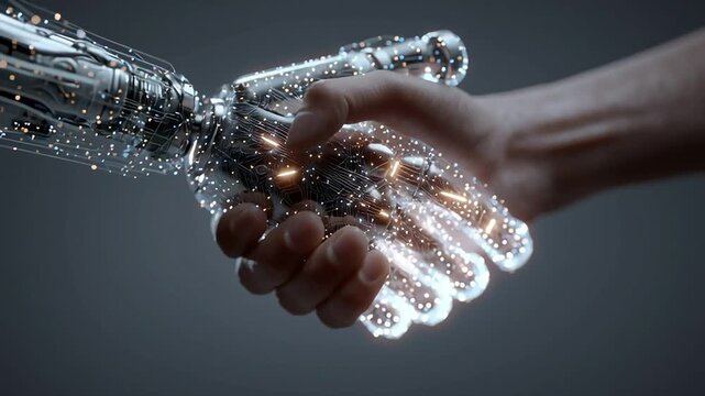Human and Robot Hands Connecting in a Symbolic Gesture of Unity with ai generated