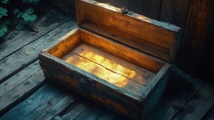 Pixelated Golden Treasure Chest Lies Open on Wooden Surface