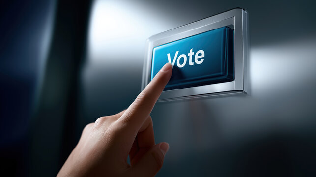 Finger about to press vote button on electronic voting machine at polling place
