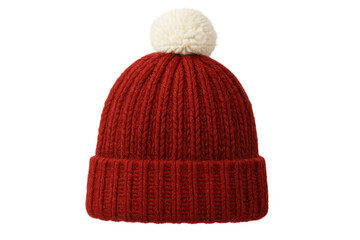 Cozy red knitted winter beanie with soft white pompom, protecting from chilly temperatures, displayed against transparent backdrop