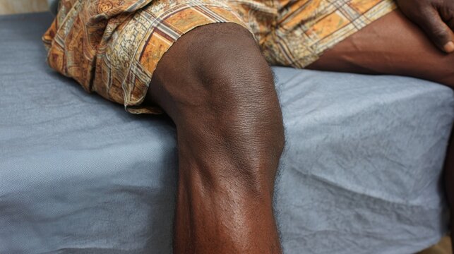 Patients leg enlarged due to latestage elephantiasis displaying characteristic thickened skin and subtle fluid glow.