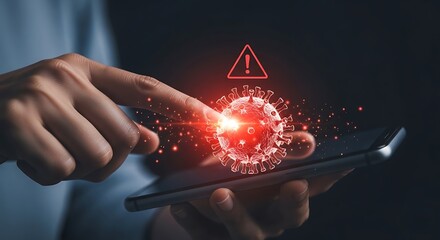 Human finger touching glowing virus on smartphone screen with warning symbol