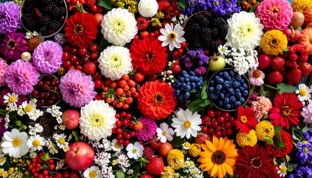 Vibrant floral and fruit medley, a captivating display of nature's bounty