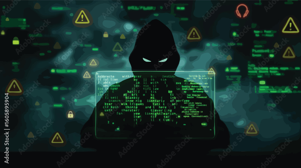 Poster a hooded hacker with glowing eyes is working on a digital computer system with warnings.