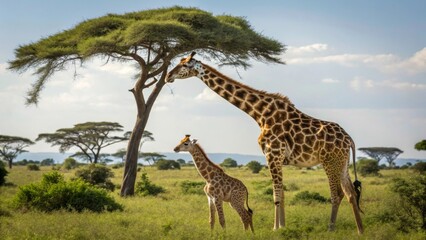Obraz premium Majestic Giraffes Under a Tree in the African Savanna Landscape