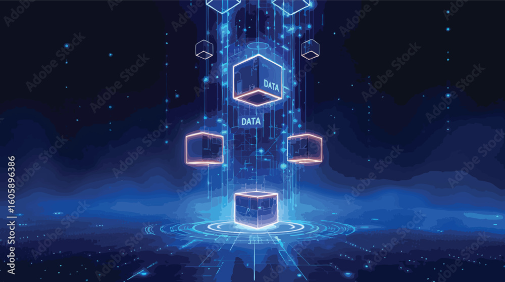 Poster abstract digital data cubes with connections representing information technology and networks.