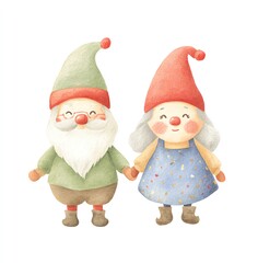 Watercolor Gnomes Couple Holding Hands