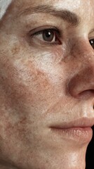Detailed image of facial skin showing loss of elasticity and porcelain sheen from autoimmune skin thickening.