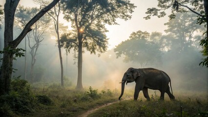 Majestic Wild Elephant Walking in Misty Forest at Sunrise