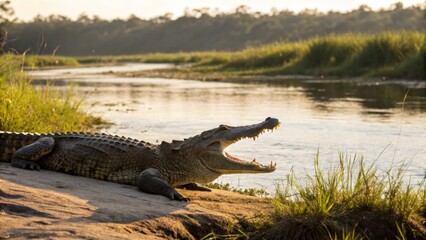 Obraz premium Majestic Crocodile Sunbathing by Water Under Bright Sunset Sky