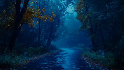 Fototapeta premium A winding road through dense forests covered in a blue color palette, creating a misty, mysterious, and atmospheric scene, with an eerie, tranquil atmosphere.