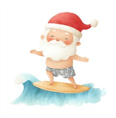 Santa Surfing Christmas Watercolor Illustration