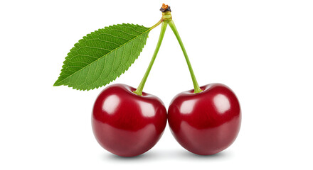Healthy and sweet, two shiny red cherries with their natural green stem and leaf, on white.