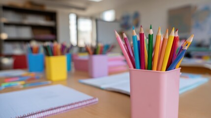 Fototapeta premium Colored pencils in pink holder on table with notebooks