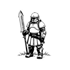Illustrative depiction of a medieval knight warrior equipped with sword standing bravely in a vintage monochrome design