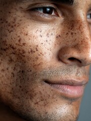 Fototapeta premium Latin male skin with scattered dark spots on the jawline. Focus on the skin in that area. Suitable for brands that reduce freckles, melasma, or skincare products that reduce dark spots.