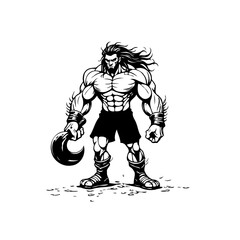 Unleashing the Power of Muscular Warriors: A Striking Black and White Illustration Capturing Raw Strength