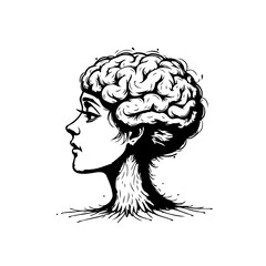 Conceptual human brain illustration merged with a female face symbolizing intelligence and mental health awareness