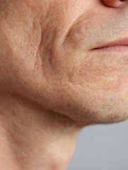Fototapeta premium Macro image of a white man's chin, emphasizing the texture of dry and peeling skin. Suitable for advertising moisturizing cream or studying skin barrier.