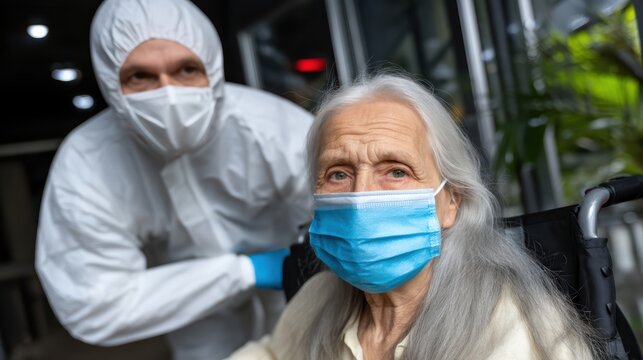 Elderly woman in mask with healthcare worker in protective suit