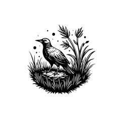 A solitary bird illustration amidst wild grass and foliage in black and white design style