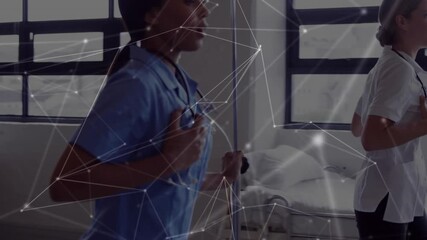 Two medical staff stepping onto treadmills and jogging with overlay visualizing data for training - Powered by Adobe