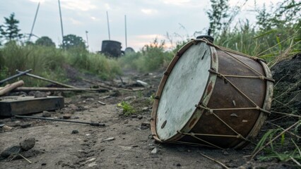 Rustic Drum on a Dirt Path Surrounded by Tall Grass and Trees