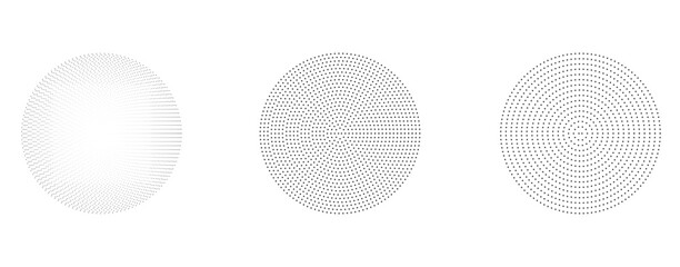Black halftone circle set. Sonar or sound wave ring collection. Halftone and linear epicentre, target, radar icon concept. Ripple concentric signal vibration elements.