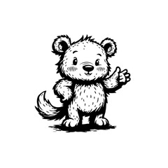 A charming black and white cartoon of a cute bear illustration holding thumbs up symbol illustration