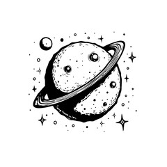 Cosmic wonder black and white drawing of a planet with rings among stars and moon