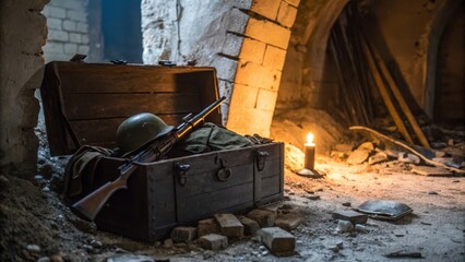 Fototapeta premium Vintage Military Gear in Abandoned Room with Soft Candlelight
